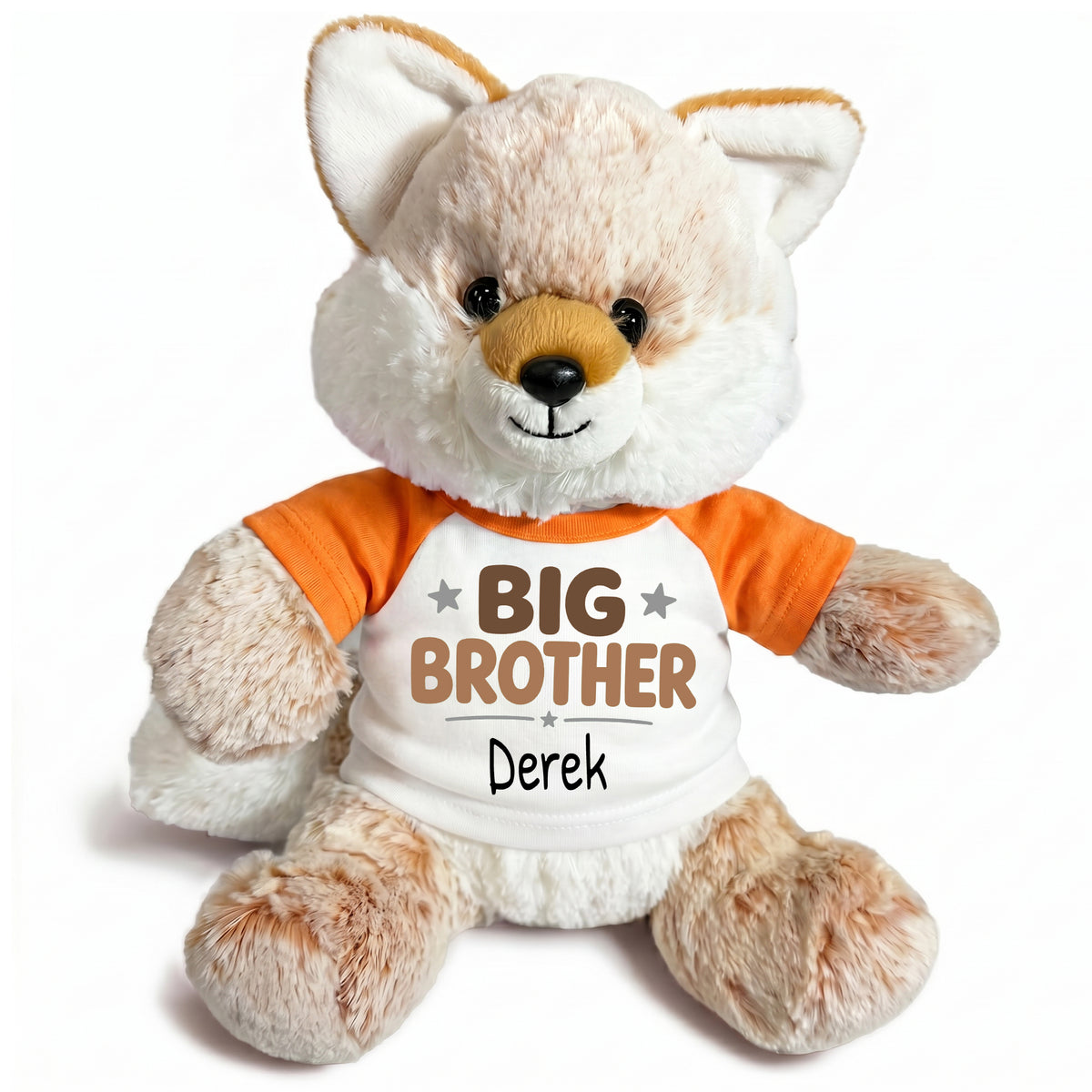 Personalized Big Brother Stuffed Fox - 11 Inch Plush Fancy Fox - Orange shirt with Brown design