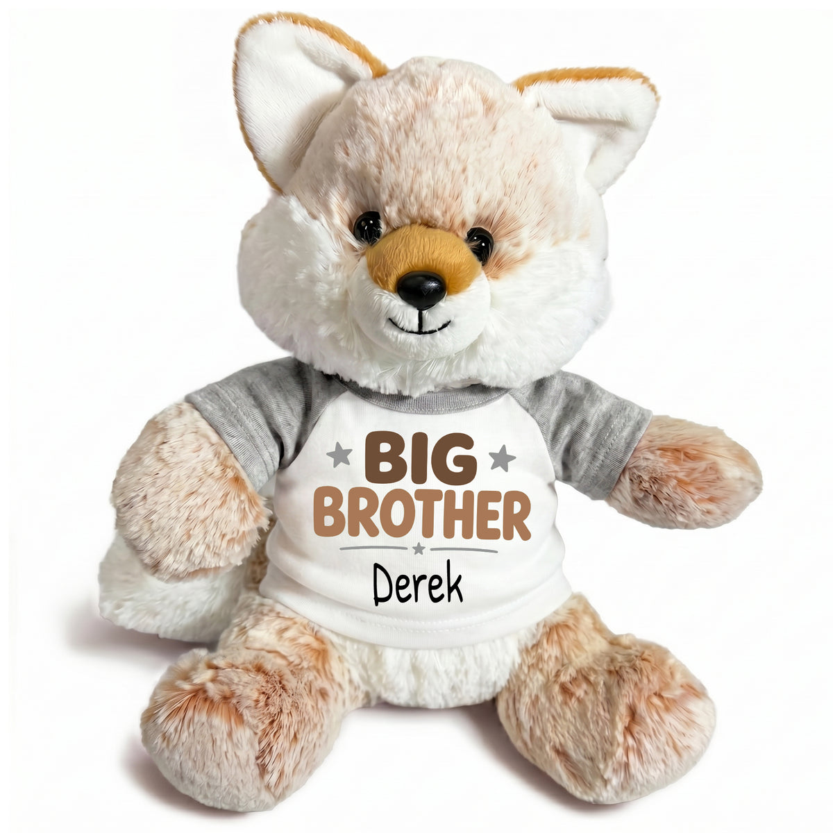 Personalized Big Brother Stuffed Fox - 11 Inch Plush Fancy Fox - Grey shirt with brown design