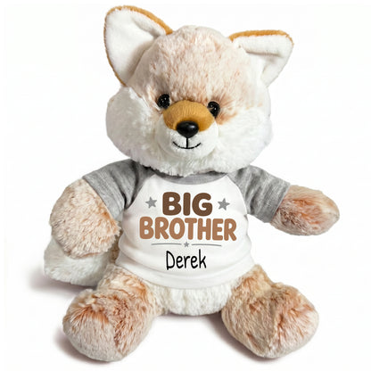 Personalized Big Brother Stuffed Fox - 11 Inch Plush Fancy Fox - Grey shirt with brown design