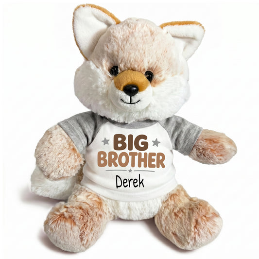 Personalized Big Brother Stuffed Fox - 11 Inch Plush Fancy Fox - Grey shirt with brown design