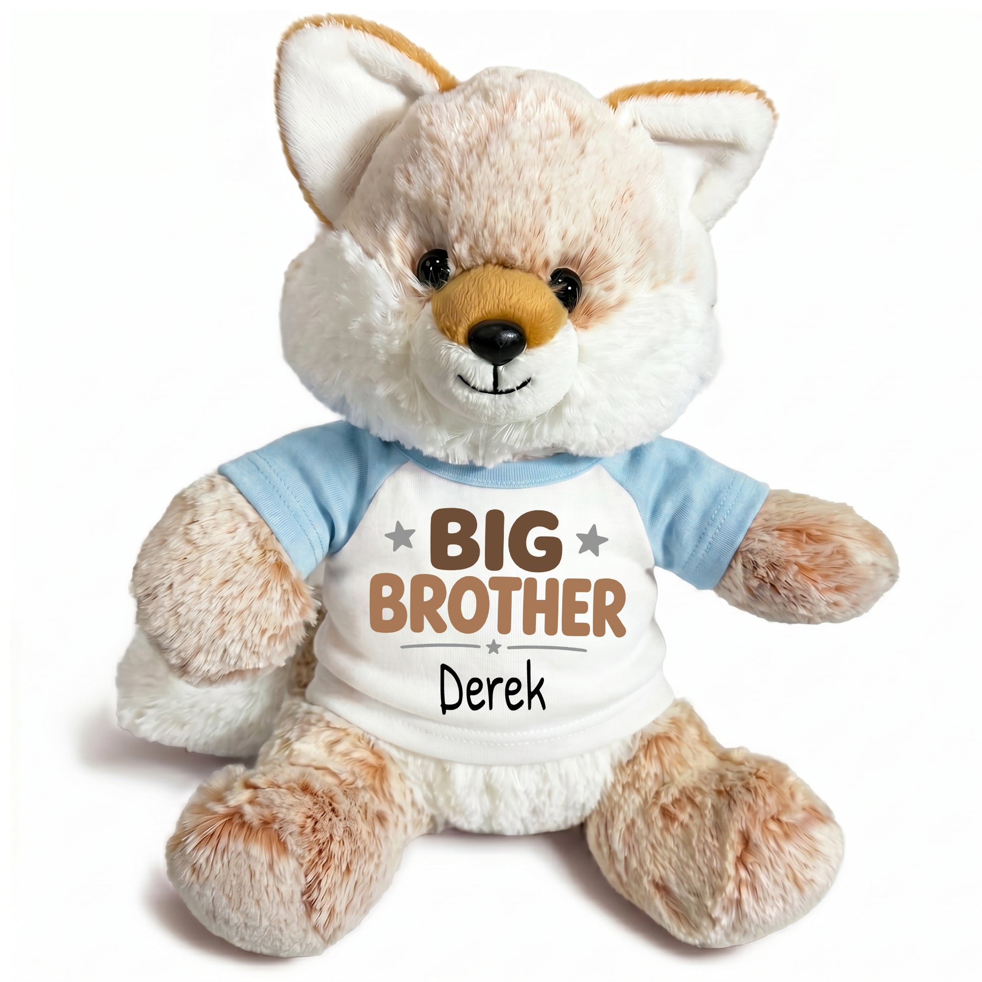 Personalized Big Brother Stuffed Fox - 11 Inch Plush Fancy Fox - Light blue shirt with brown design