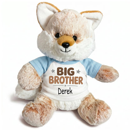 Personalized Big Brother Stuffed Fox - 11 Inch Plush Fancy Fox - Light blue shirt with brown design
