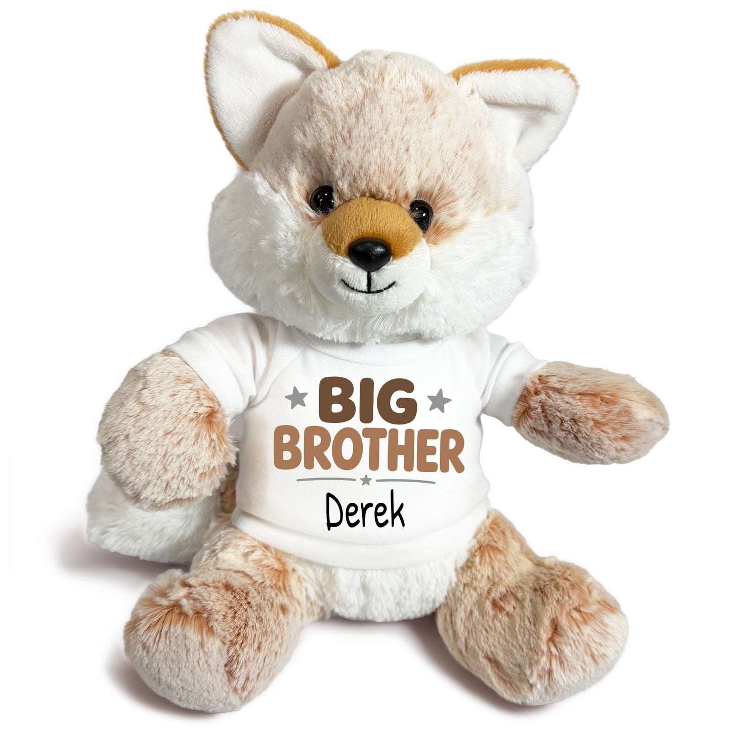 Personalized Big Brother Stuffed Fox - 11 Inch Plush Fancy Fox - White shirt with brown design