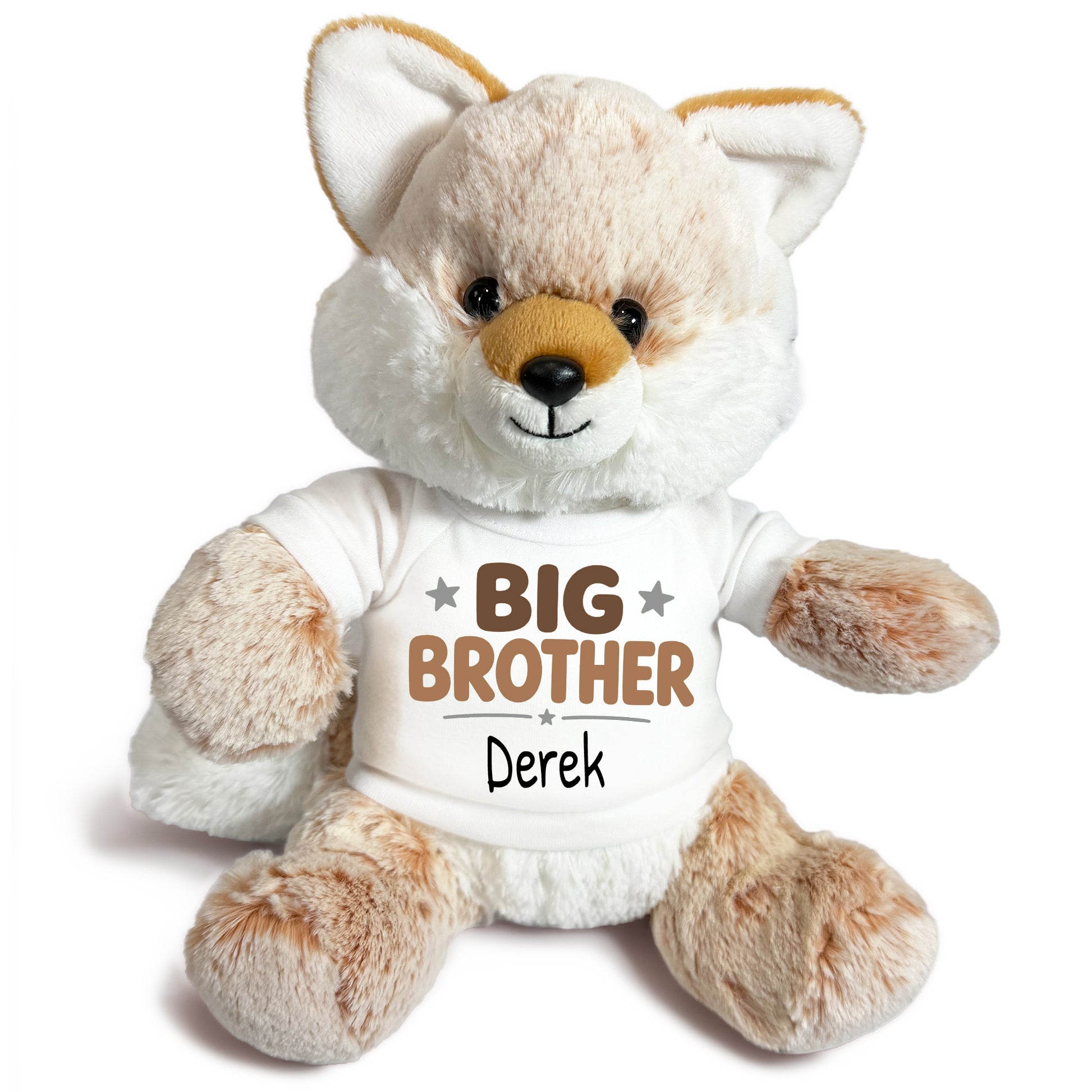 Personalized Big Brother Stuffed Fox - 11 Inch Plush Fancy Fox - White shirt with brown design