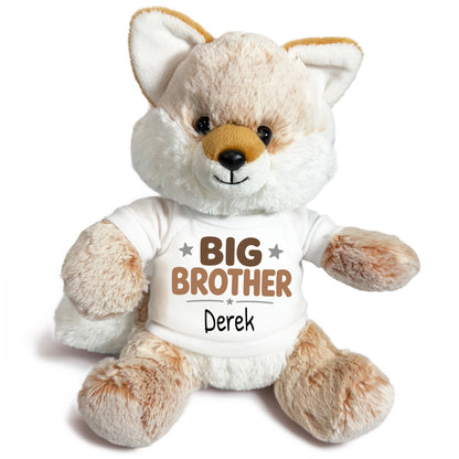 Personalized Big Brother Stuffed Fox - 11 Inch Plush Fancy Fox - White shirt with brown design