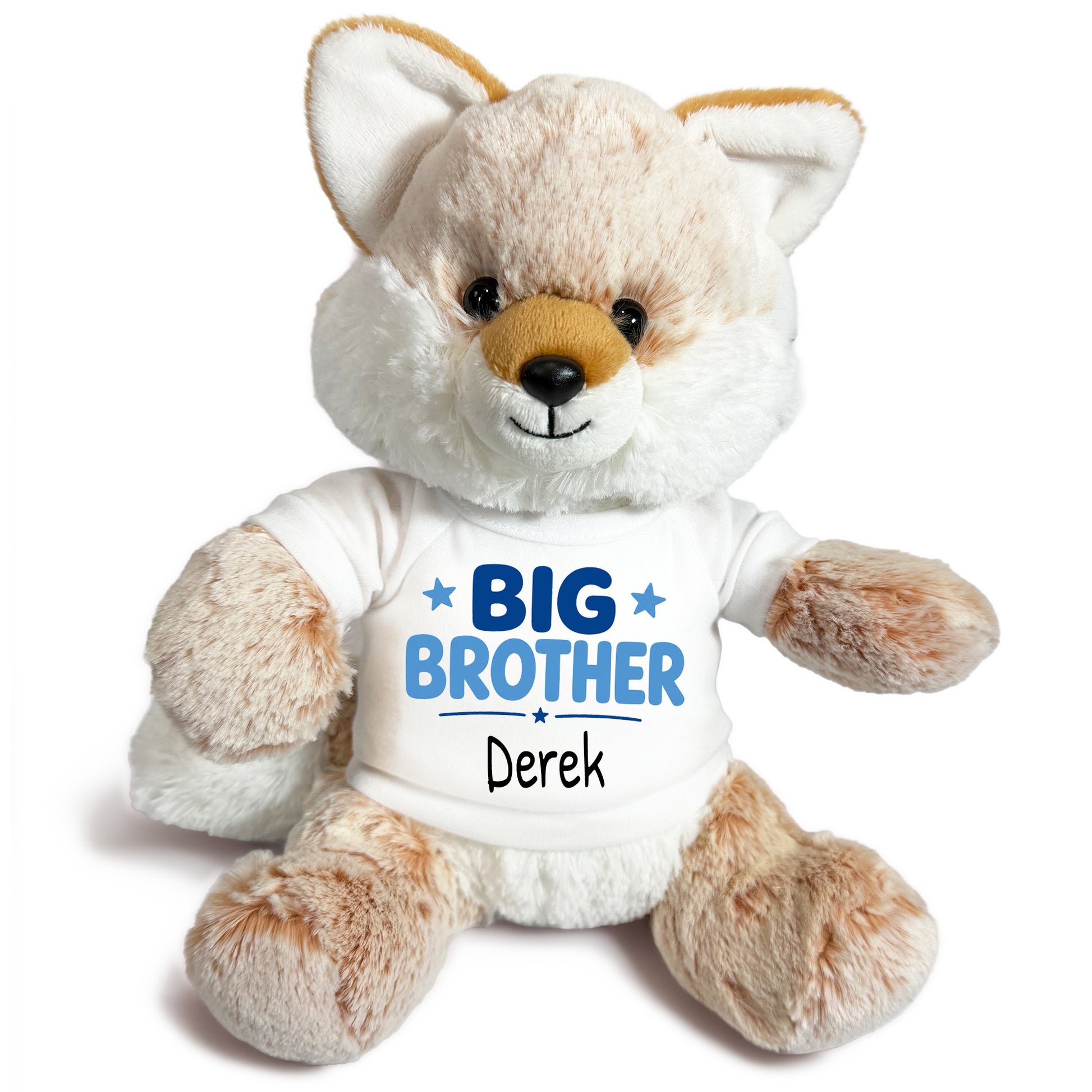 Personalized Big Brother Stuffed Fox - 11 Inch Plush Fancy Fox - White shirt with blue design