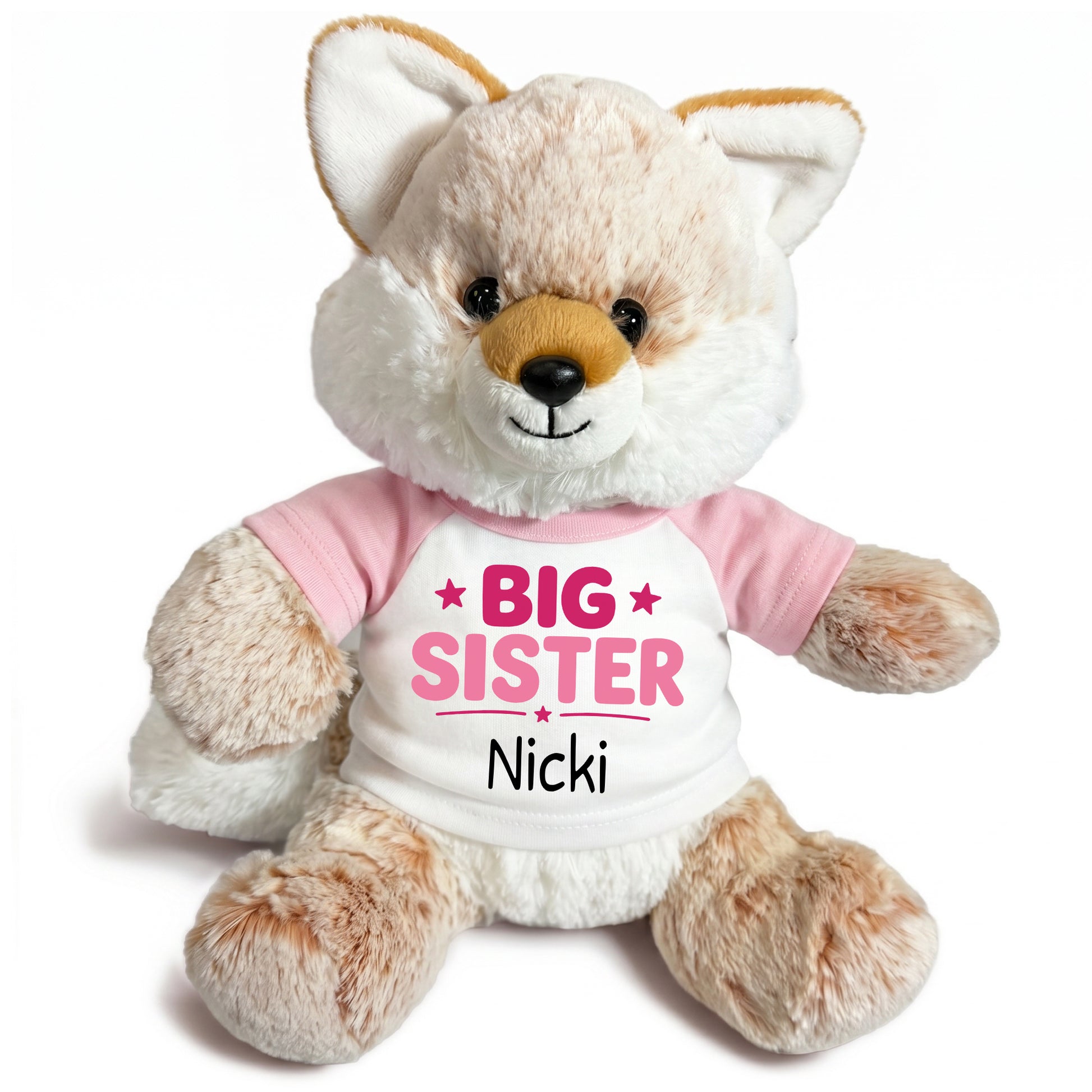 Personalized Big Sister Stuffed Fox - 11 Inch Plush Fancy Fox - Pink Shirt with Pink Design