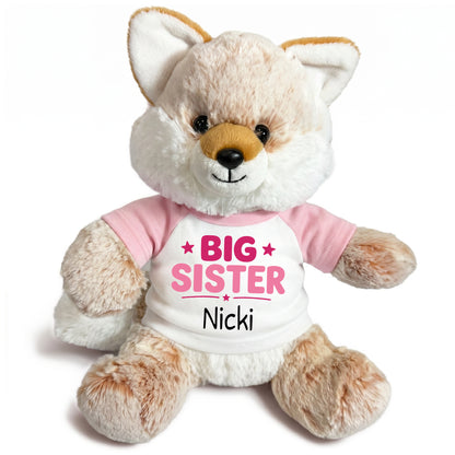 Personalized Big Sister Stuffed Fox - 11 Inch Plush Fancy Fox - Pink Shirt with Pink Design