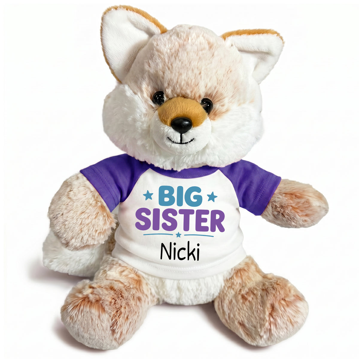 Personalized Big Sister Stuffed Fox - 11 Inch Plush Fancy Fox - Purple Shirt with Teal & Purple Design