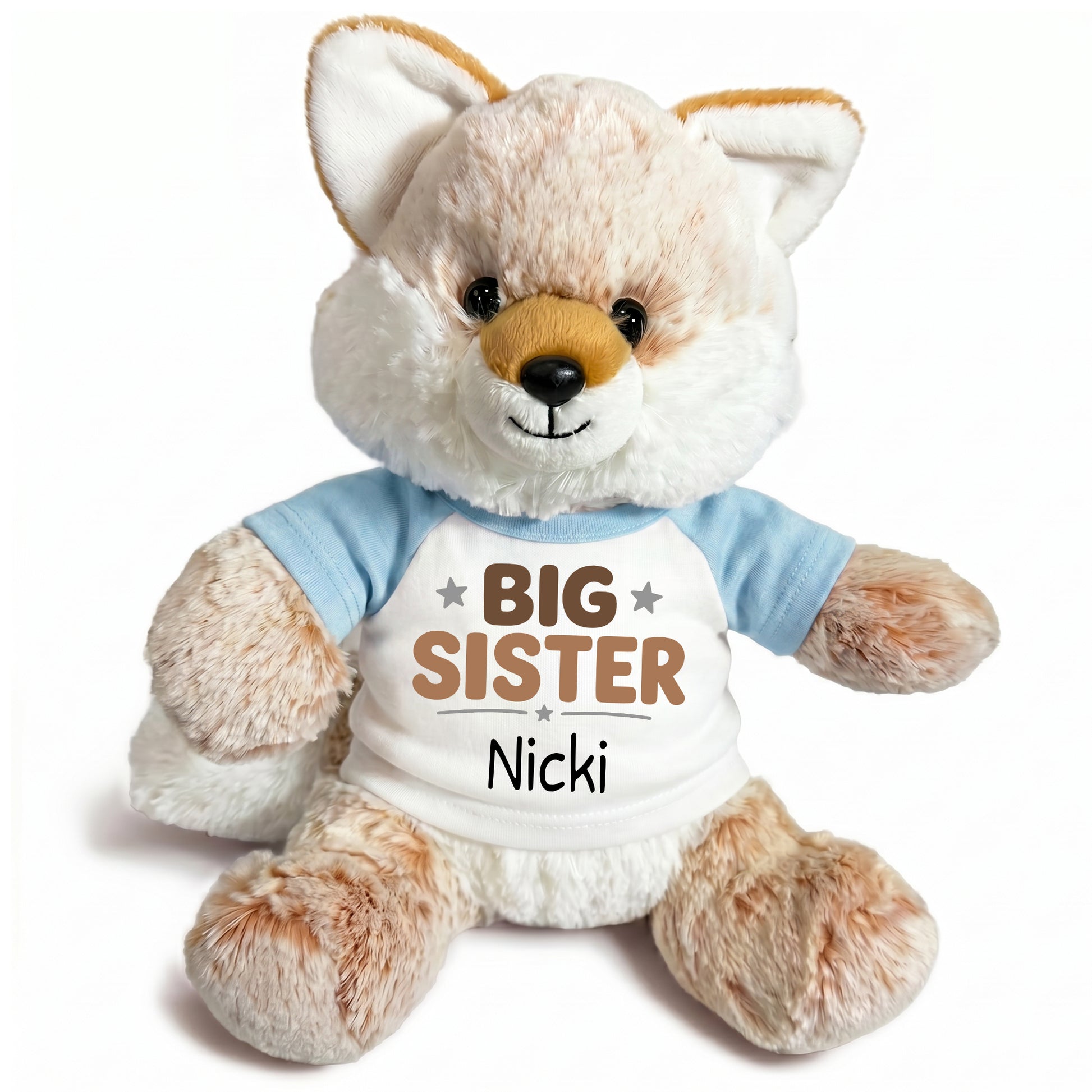 Personalized Big Sister Stuffed Fox - 11 Inch Plush Fancy Fox - Light Blue Shirt with Brown Design