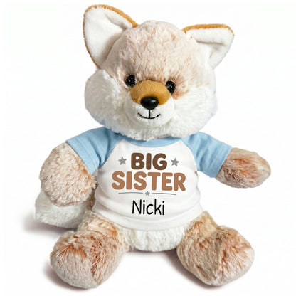 Personalized Big Sister Stuffed Fox - 11 Inch Plush Fancy Fox - Light Blue Shirt with Brown Design