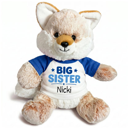 Personalized Big Sister Stuffed Fox - 11 Inch Plush Fancy Fox - Royal Blue Shirt with Blue Design