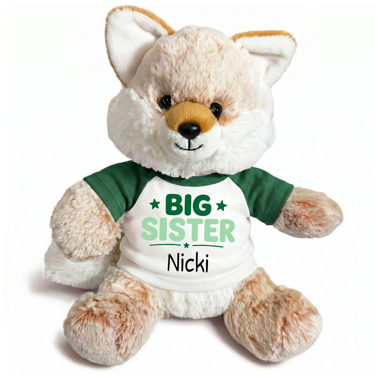 Personalized Big Sister Stuffed Fox - 11 Inch Plush Fancy Fox - Green Shirt with Green Design