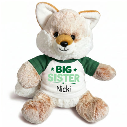 Personalized Big Sister Stuffed Fox - 11 Inch Plush Fancy Fox - Green Shirt with Green Design
