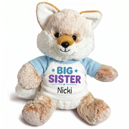 Personalized Big Sister Stuffed Fox - 11 Inch Plush Fancy Fox - Light Blue Shirt with Teal and Purple Design