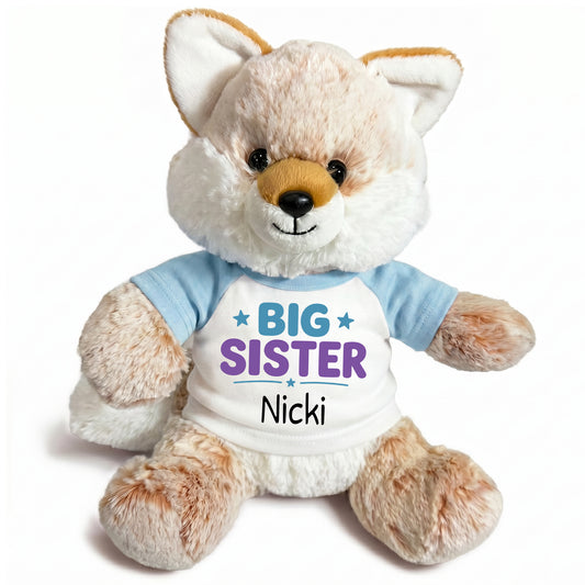 Personalized Big Sister Stuffed Fox - 11 Inch Plush Fancy Fox - Light Blue Shirt with Teal and Purple Design
