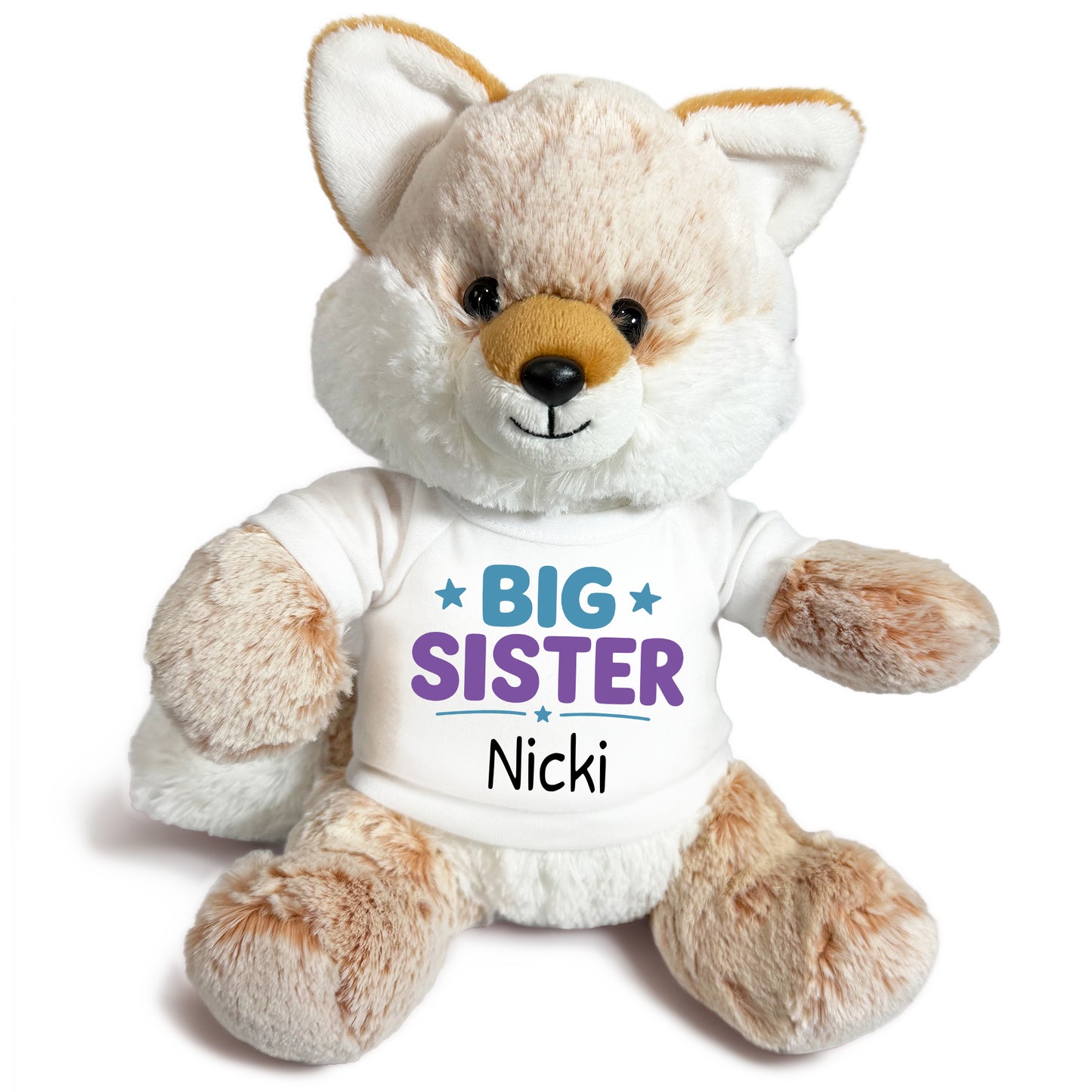 Personalized Big Sister Stuffed Fox - 11 Inch Plush Fancy Fox - White Shirt with Teal & Purple Design