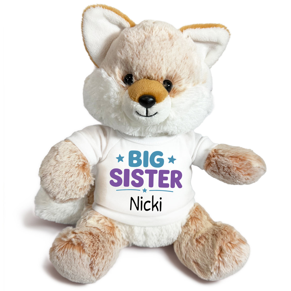 Personalized Big Sister Stuffed Fox - 11 Inch Plush Fancy Fox - White Shirt with Teal & Purple Design