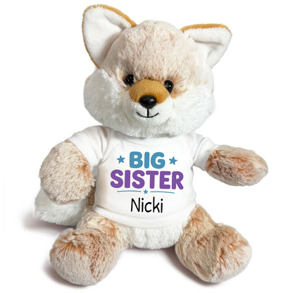 Personalized Big Sister Stuffed Fox - 11 Inch Plush Fancy Fox - White Shirt with Teal & Purple Design