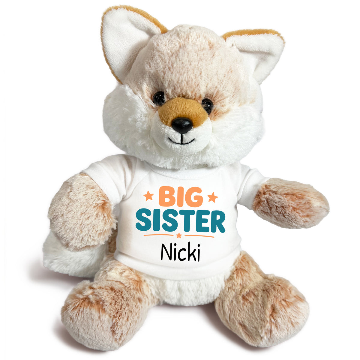 Personalized Big Sister Stuffed Fox - 11 Inch Plush Fancy Fox - White Shirt with Orange & Teal Design