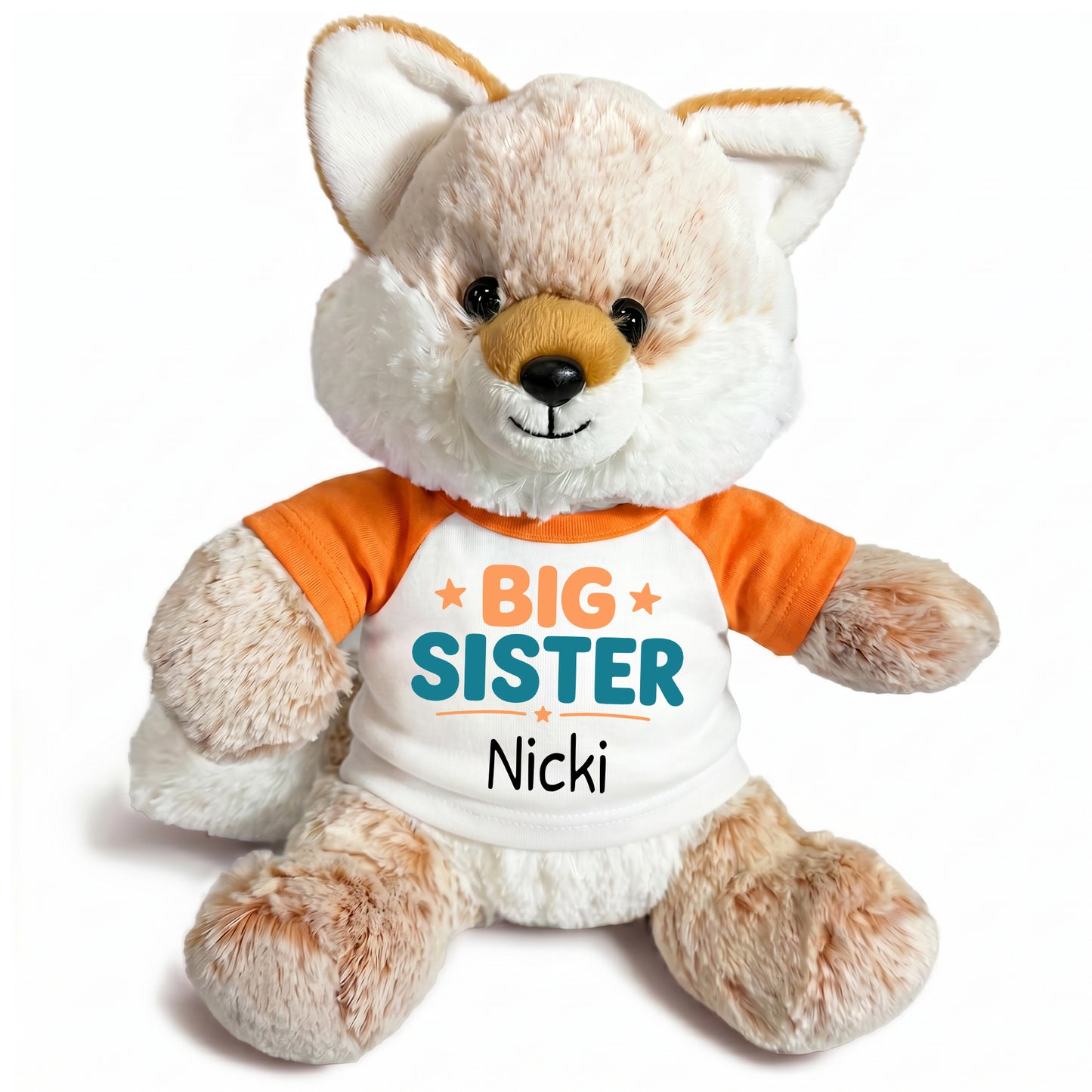 Personalized Big Sister Stuffed Fox - 11 Inch Plush Fancy Fox - Orange Shirt with Orange & Teal Design
