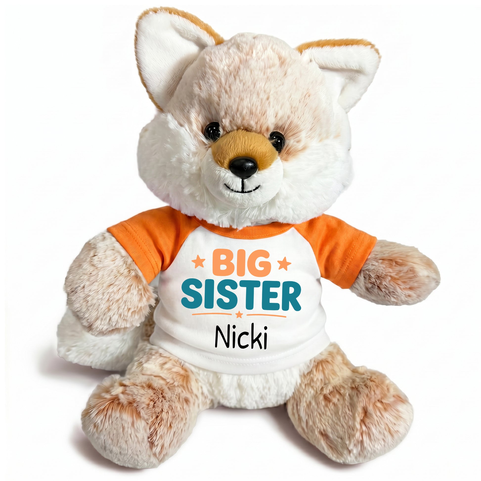 Personalized Big Sister Stuffed Fox - 11 Inch Plush Fancy Fox - Orange Shirt with Orange & Teal Design