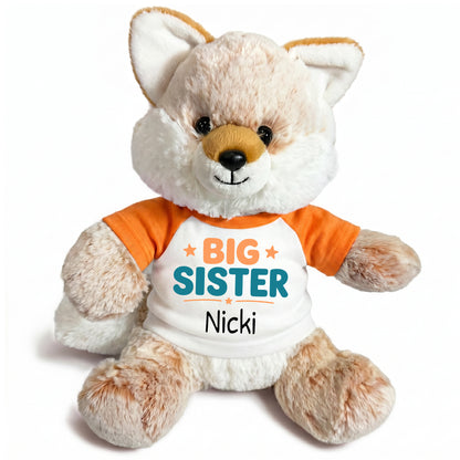 Personalized Big Sister Stuffed Fox - 11 Inch Plush Fancy Fox - Orange Shirt with Orange & Teal Design