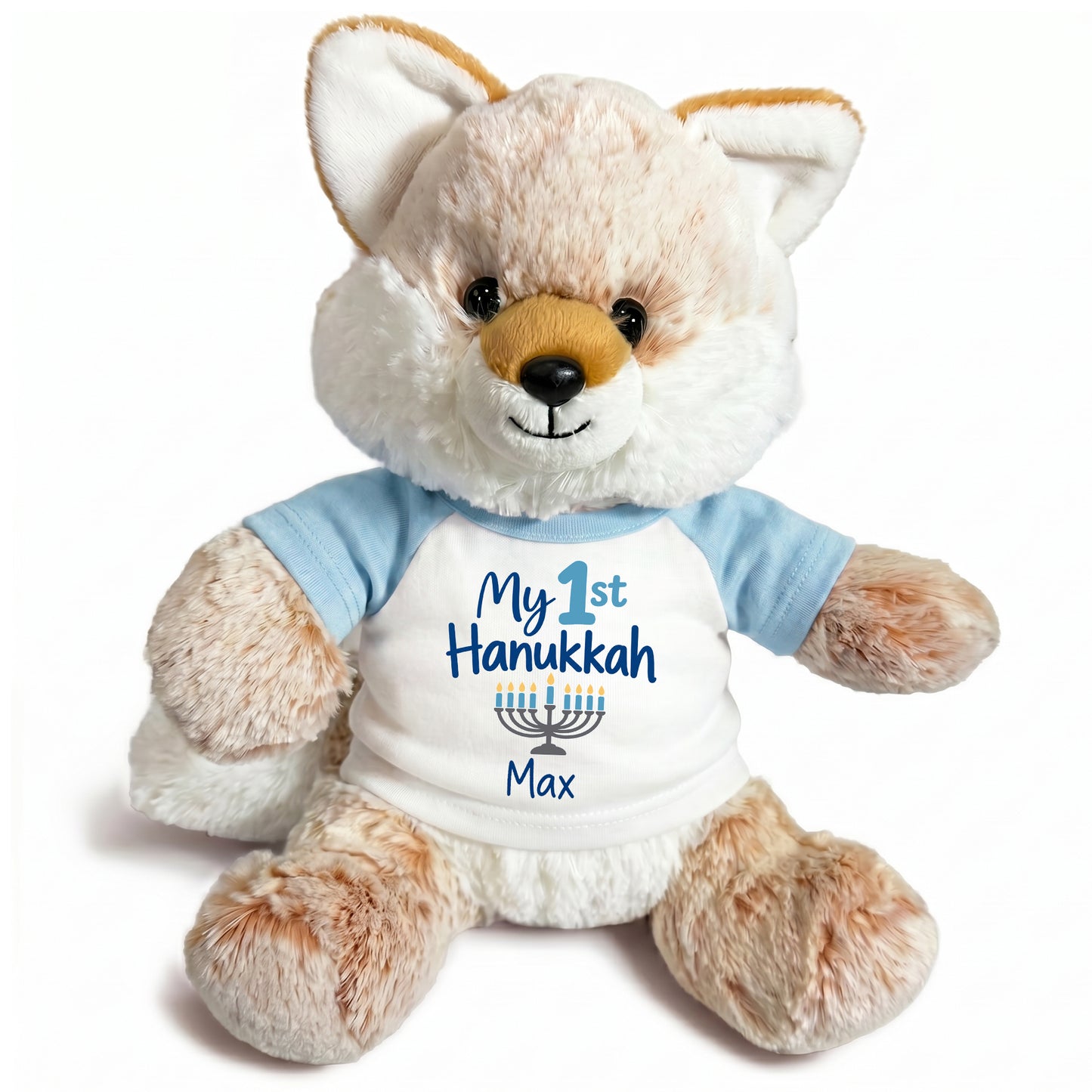 Personalized Hanukkah Stuffed Fox - 11 Inch Plush Fancy Fox - My 1st Hanukkah, Light Blue Shirt / Blue Design