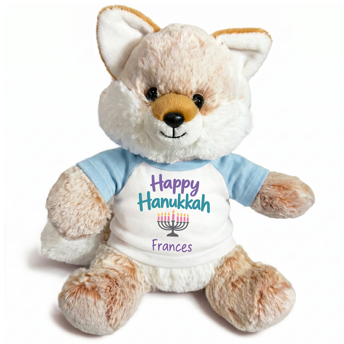 Personalized Hanukkah Stuffed Fox - 11 Inch Plush Fancy Fox - Happy Hanukkah, Light Blue Shirt / Pastel Design