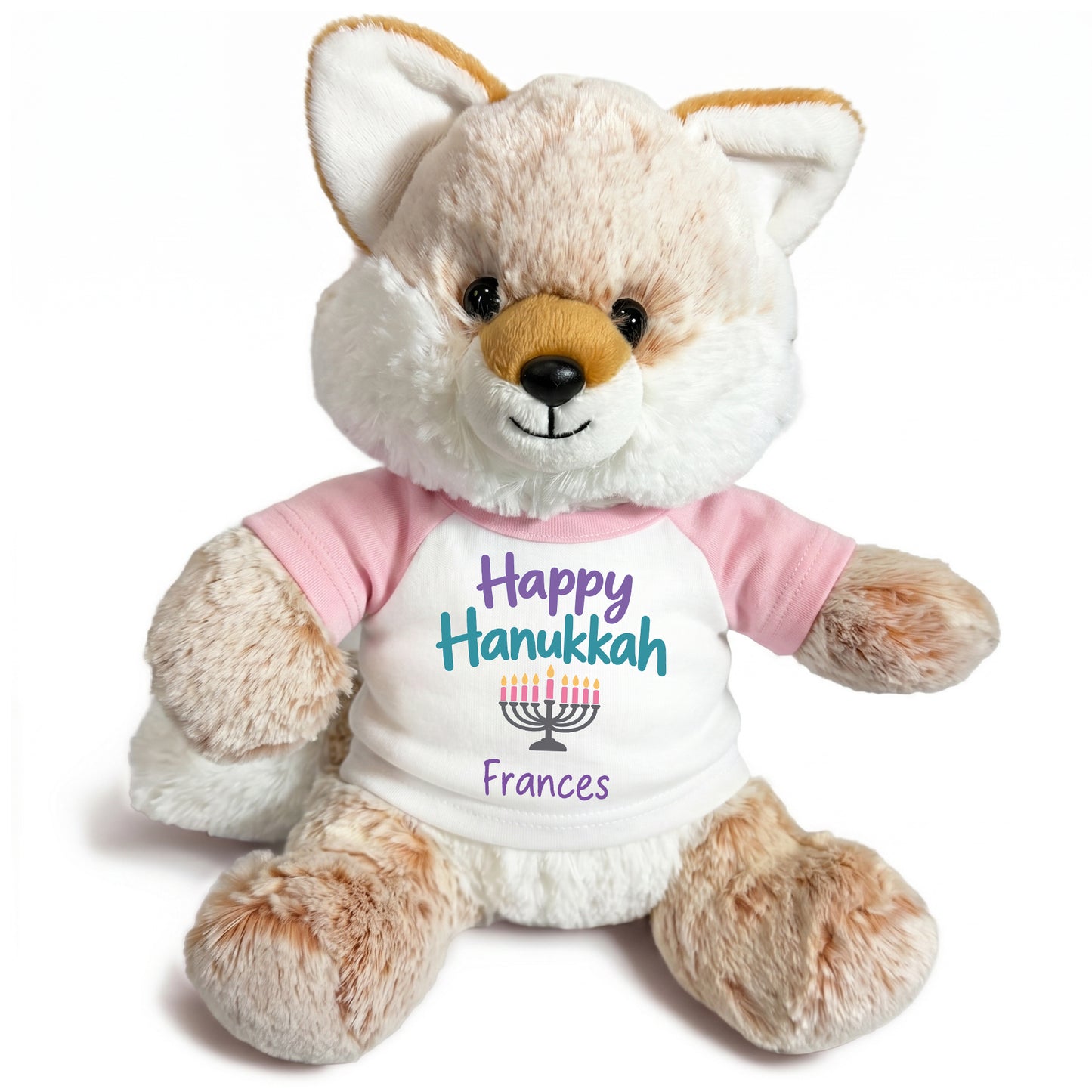 Personalized Hanukkah Stuffed Fox - 11 Inch Plush Fancy Fox - Happy Hanukkah, Pink Shirt / Pastel Design