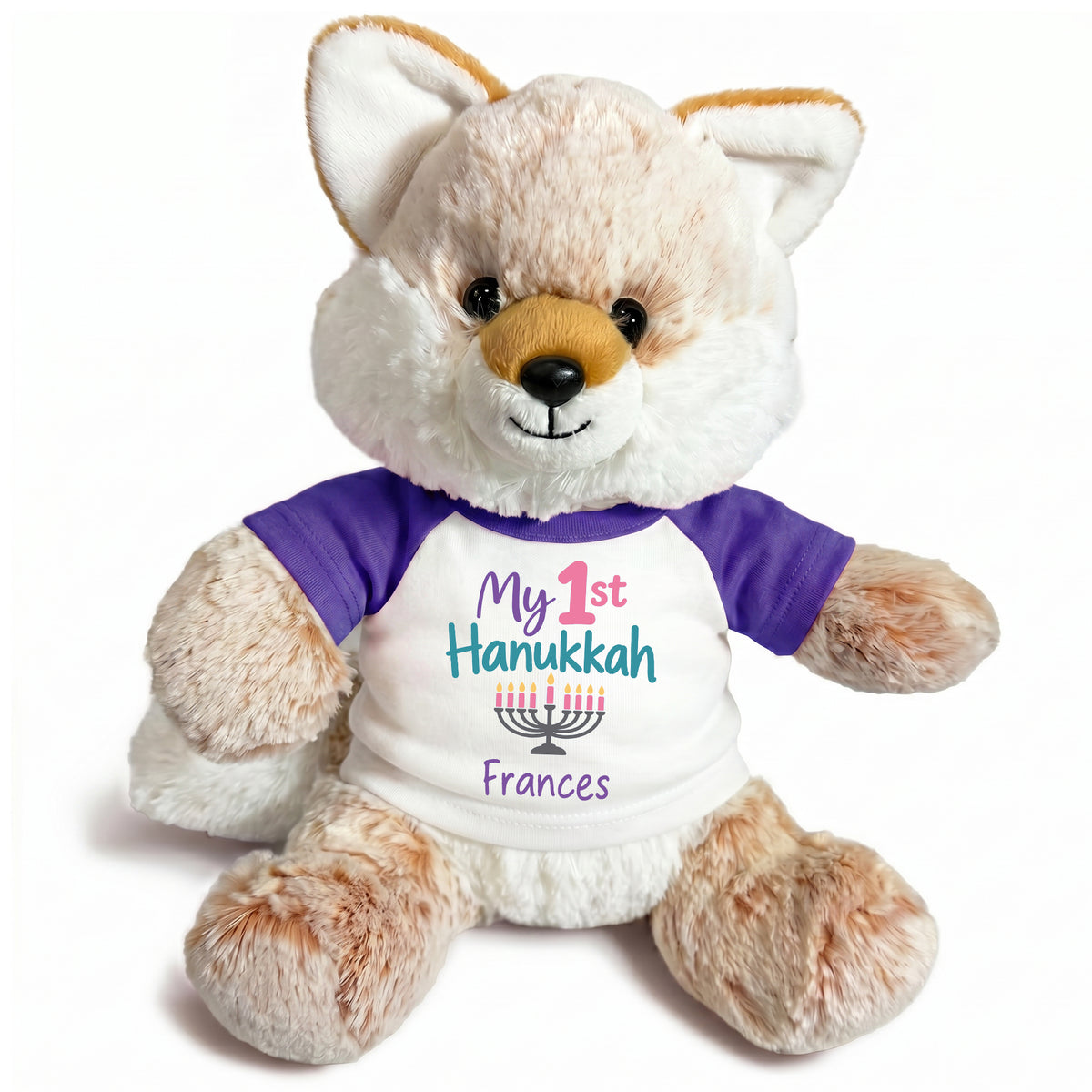 Personalized Hanukkah Stuffed Fox - 11 Inch Plush Fancy Fox - My 1st Hanukkah, Purple Shirt / Pastel Design