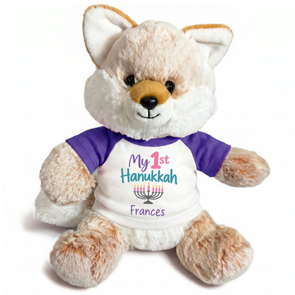 Personalized Hanukkah Stuffed Fox - 11 Inch Plush Fancy Fox - My 1st Hanukkah, Purple Shirt / Pastel Design