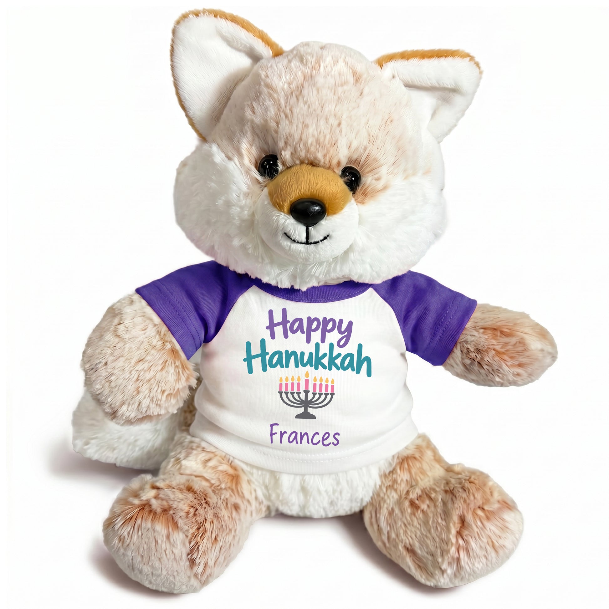 Personalized Hanukkah Stuffed Fox - 11 Inch Plush Fancy Fox - Happy Hanukkah, Purple Shirt / Pastel Design