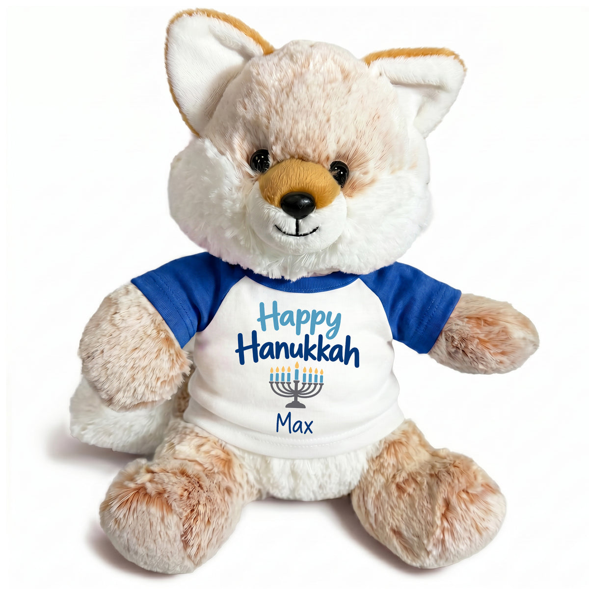 Personalized Hanukkah Stuffed Fox - 11 Inch Plush Fancy Fox - Happy Hanukkah, Royal Blue Shirt / Blue Design