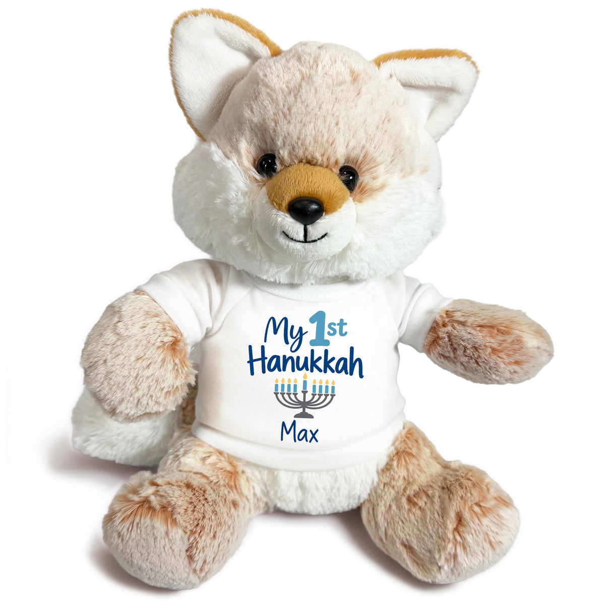 Personalized Hanukkah Stuffed Fox - 11 Inch Plush Fancy Fox - My 1st Hanukkah, White Shirt / Blue Design
