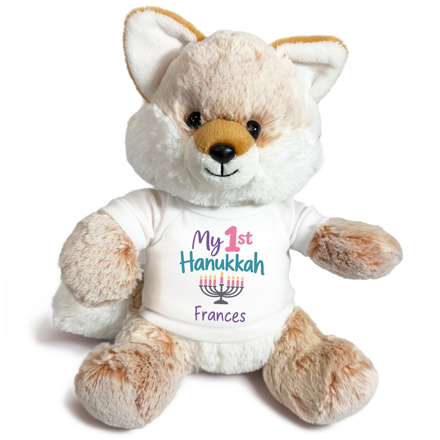 Personalized Hanukkah Stuffed Fox - 11 Inch Plush Fancy Fox - My 1st Hanukkah, White Shirt / Pastel Design