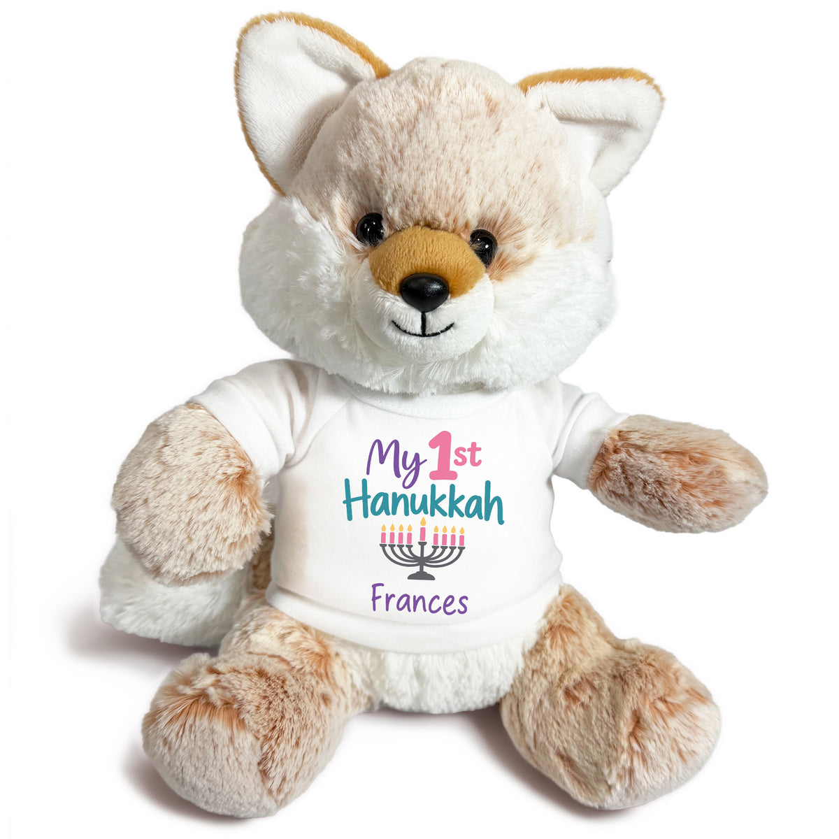 Personalized Hanukkah Stuffed Fox - 11 Inch Plush Fancy Fox - My 1st Hanukkah, White Shirt / Pastel Design
