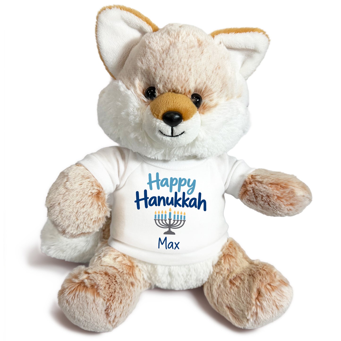 Personalized Hanukkah Stuffed Fox - 11 Inch Plush Fancy Fox - Happy Hanukkah, White Shirt / Blue Design