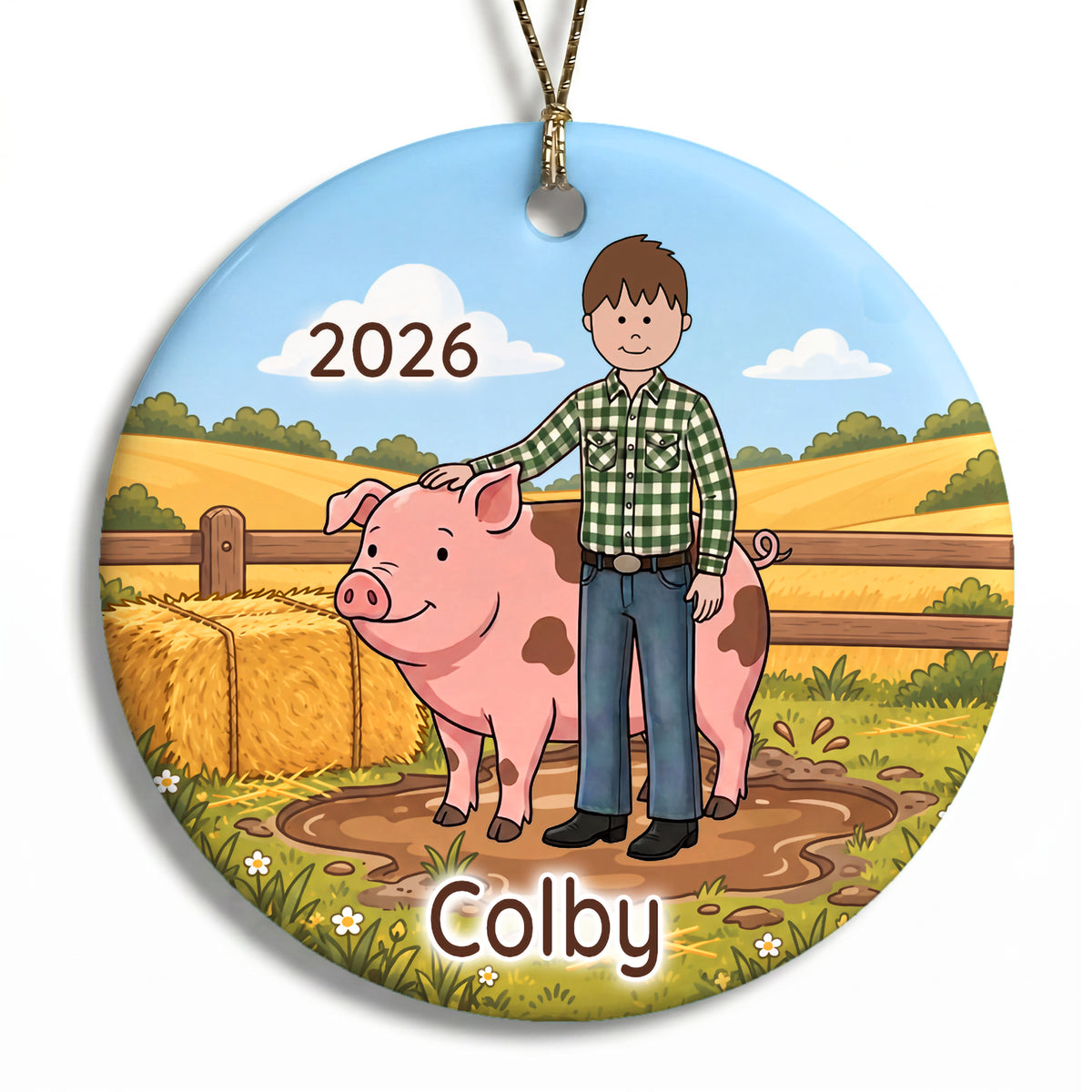Personalized Farming Christmas Ornament – Boy with Pig - B - Brown Hair / Fair Skin, 