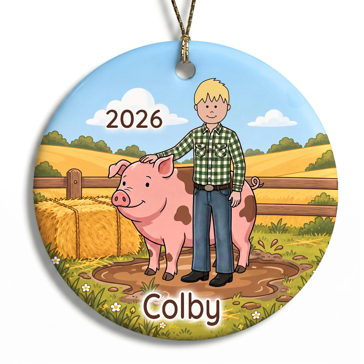 Personalized Farming Christmas Ornament – Boy with Pig - A - Blonde / Fair Skin, 