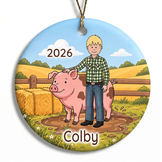 Personalized Farming Christmas Ornament – Boy with Pig - A - Blonde / Fair Skin, 