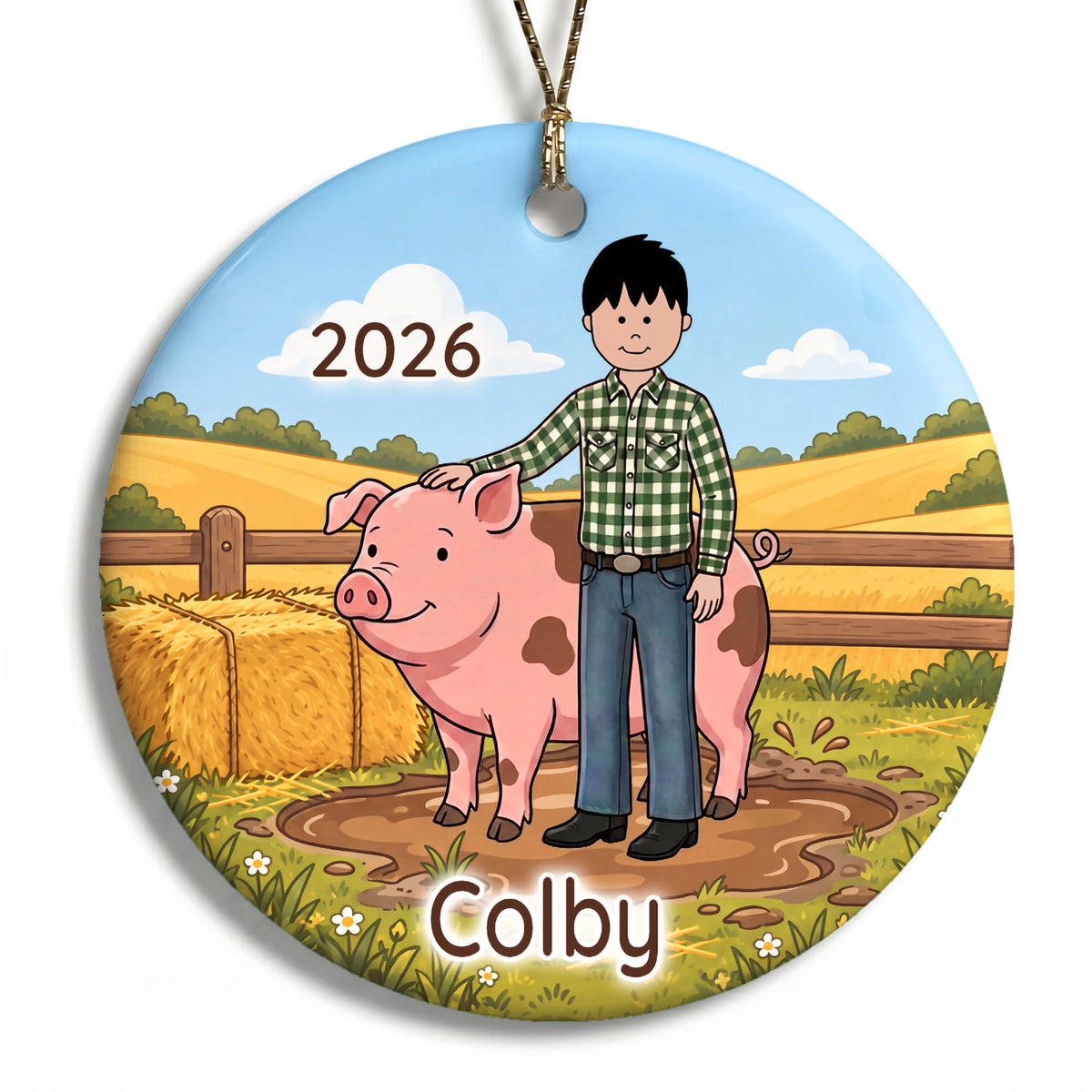 Personalized Farming Christmas Ornament – Boy with Pig - D - Black Hair / Fair Skin, 