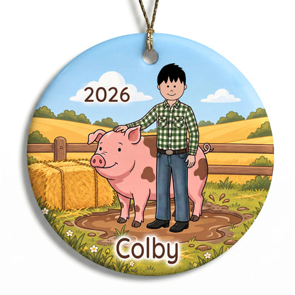 Personalized Farming Christmas Ornament – Boy with Pig - D - Black Hair / Fair Skin, 