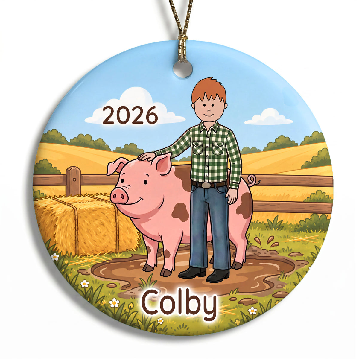 Personalized Farming Christmas Ornament – Boy with Pig - C - Red Hair / Fair Skin, 