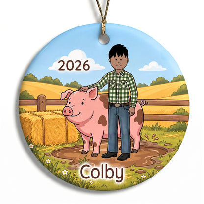 Personalized Farming Christmas Ornament – Boy with Pig - E - Black Straight Hair / Medium Skin, 