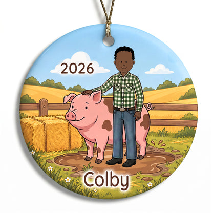 Personalized Farming Christmas Ornament – Boy with Pig - G - Black Curly Hair / Dark Skin, 