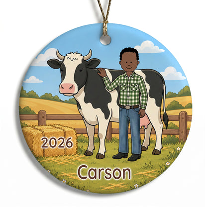 Personalized Farming Christmas Ornament – Boy with Cow