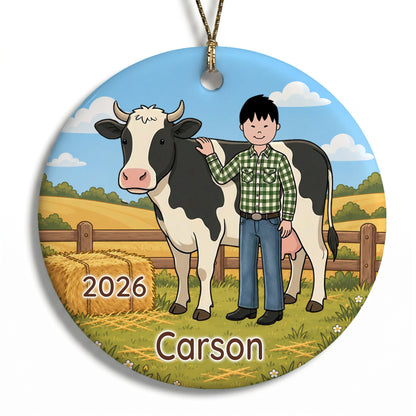 Personalized Farming Christmas Ornament – Boy with Cow