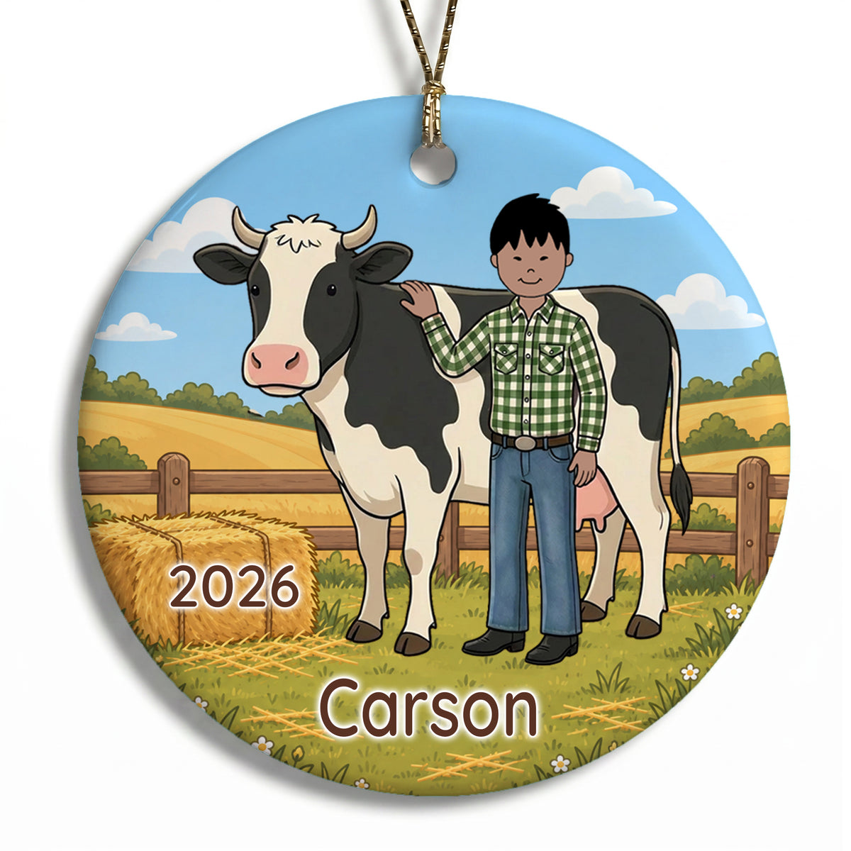 Personalized Farming Christmas Ornament – Boy with Cow