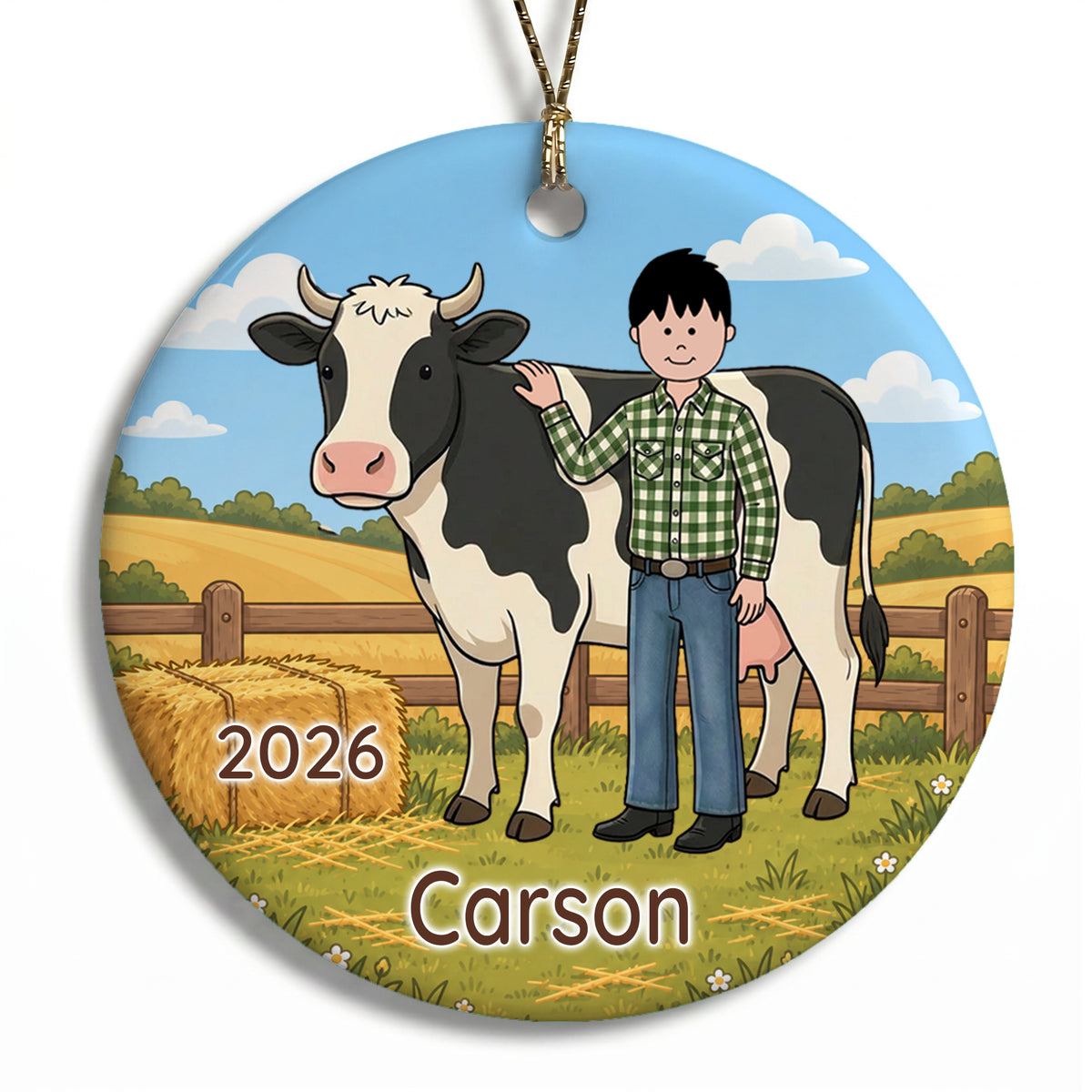 Personalized Farming Christmas Ornament – Boy with Cow